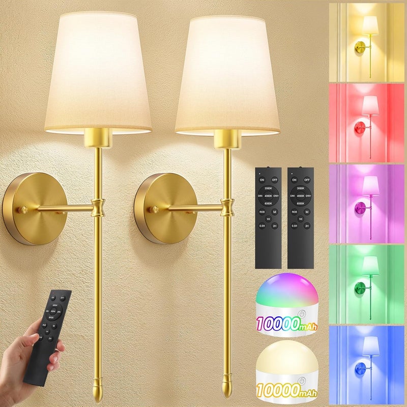 OCATO Battery Operated Wall Sconce: 10000mAh Wireless Wall Sconces Set of Two Rechargeable Lamp Dimmable Magnetic Lights with 7 RGB Colors and Remote Walls Decor for Bedroom Living Room Hallway - Image 1